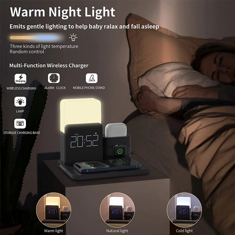 3 in 1 Wireless Charger Station Digital Alarm Clock For iPhone Iwatch/AirPod