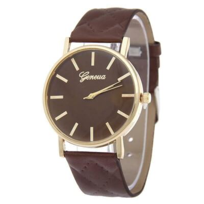 Geneva Analogue Quartz Wrist Watch Sewing Grid Belt Leather Band for Women