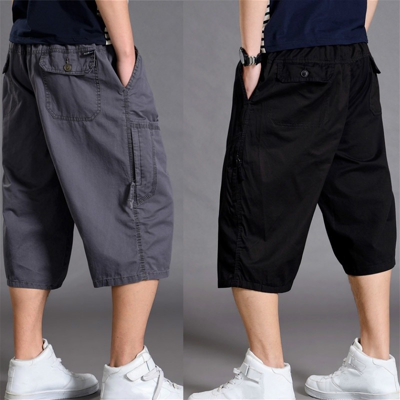 Men 3/4 Length Cargo Pants Shorts Loose Casual Cotton Trousers Plus Size Black