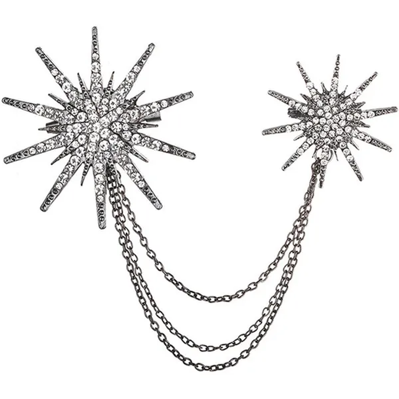 Eastjing Charm Snowflake Pin Double Chain Metal Scarf Buckle Tassel Gift Lapel Pin,Black