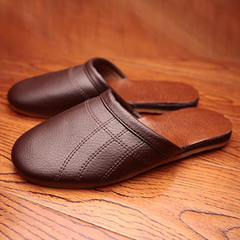 Mens Comfortable Slippers Leather Closed Toe Indoor Flats Slippers