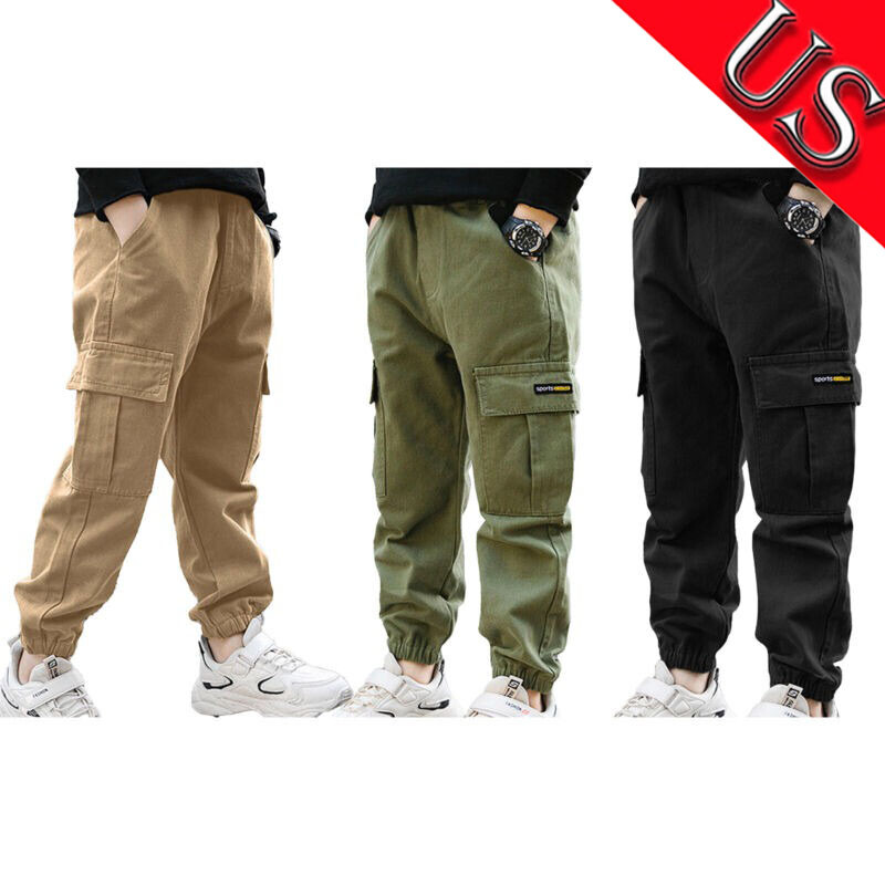 US Kid Boy Cargo Joggers Elastic Waist Trousers Casual Outdoor Trip Hiking Pants