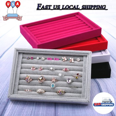 Ring Earrings Jewelry Display Show Case Organizer Box Tray Velvet Holder Rack US
