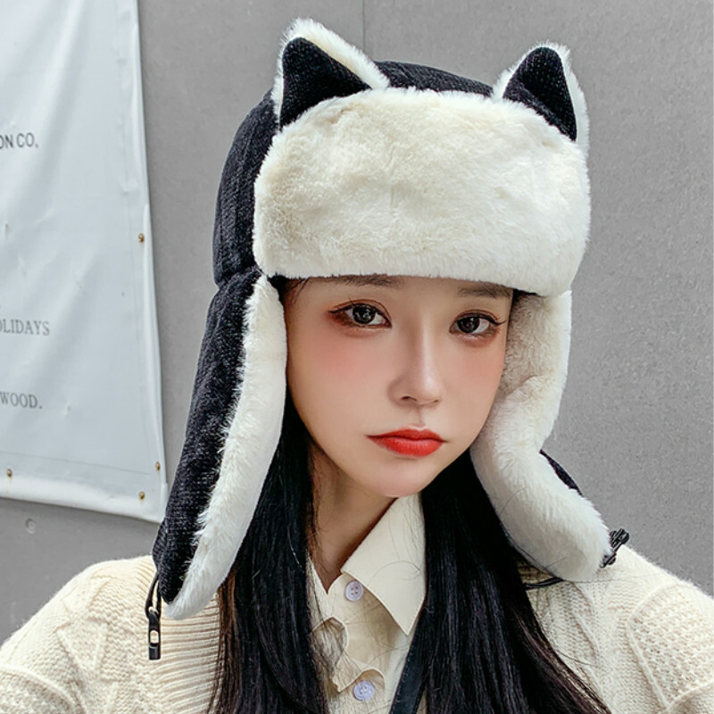 women-faux-fur-cat-ear-trapper-hat-corduroy-winter-ski-ushanka-russian-cossack