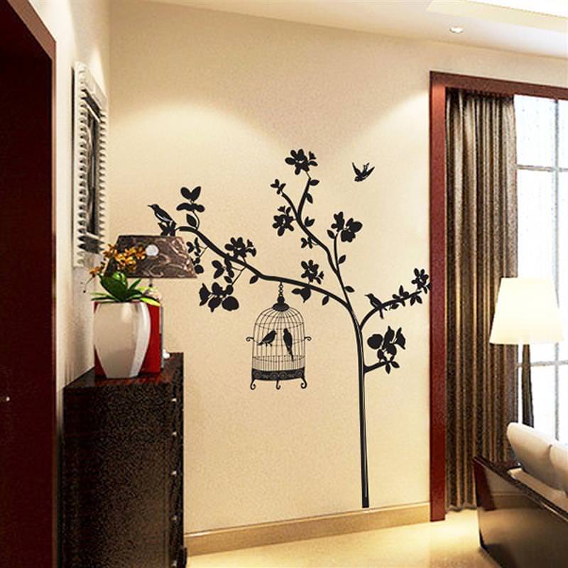 Wandtattoo Wandsticker Wandaufkleber Baum Vogelkafig Blatter 100 X 120 W075 Ebay