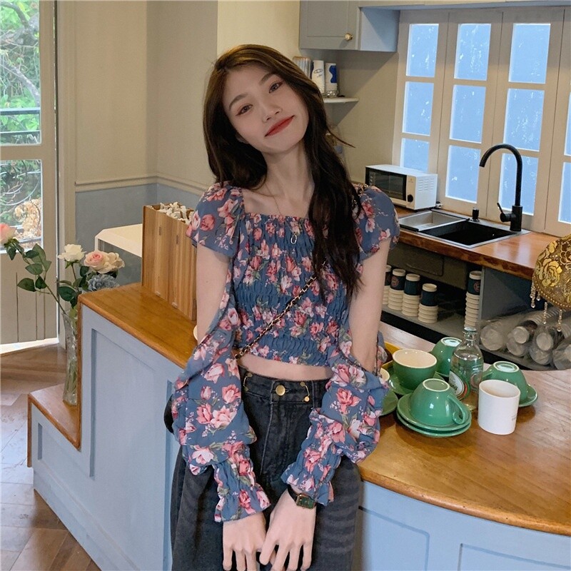 Chiffon Blouse Floral Cold Shoulder Shirt Cropped Top Ruffle