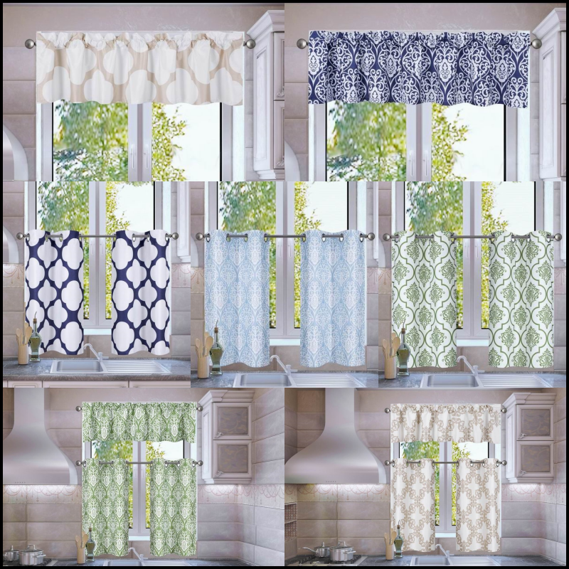 2 PC SET KITCHEN SMALL PANELS VALANCE LINED WINDOW CURTAIN GEOMETRIC PRINTED 7LO