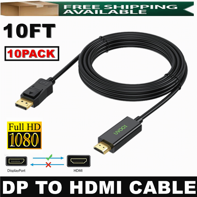 10× 10FT 3M DisplayPort to HDMI Cable DP to HDMI Cord for Dell Projector Desktop