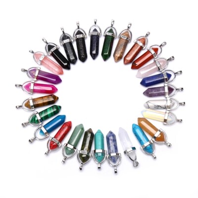 Natural Mixed 30pcs Hexagonal Column Stone Pendants for Jewelry Making Wholesale