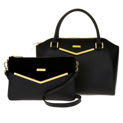 Joy Mangano & Iman Leather Satchel + Crossbody Clutch BLACK NWT