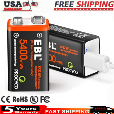 9 Volt Lithium USB Rechargeable Batteries 5400mWh Lithium-Ion w/ Charging Cable
