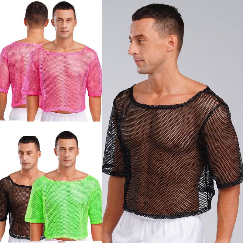 Mens T-shirt Mesh Crop Tops See Through Tee Vintage Short