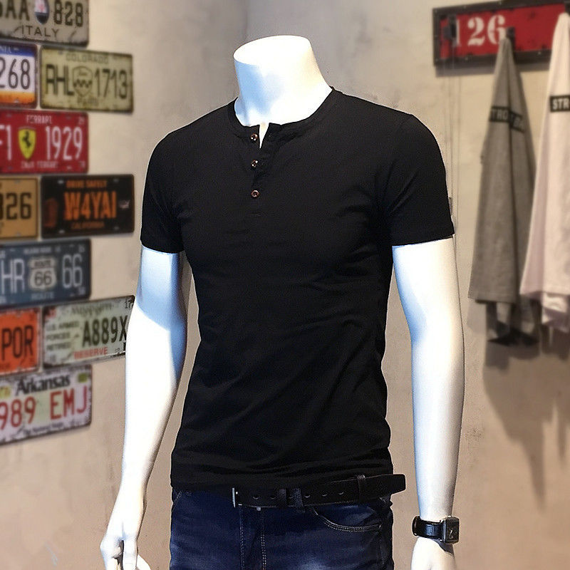 men-button-neck-slim-fit-henley-tshirt-stretch-short-sleeve-top-tee-cotton-new