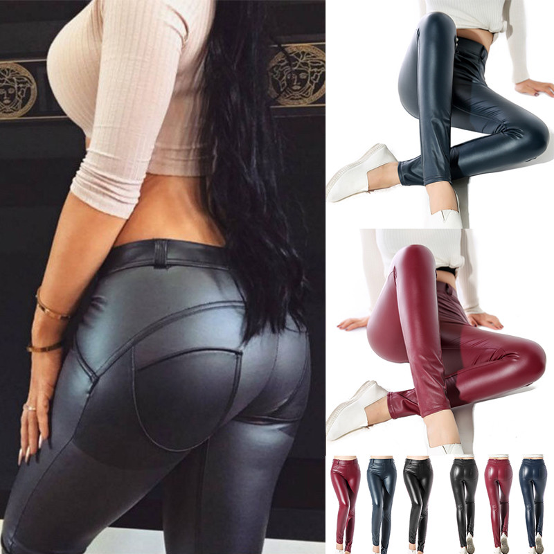 Women Sexy PU Leather Yoga Pants Hip Push Up Workout Stretch Leggings Trousers 16