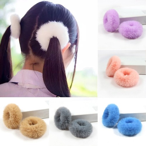 2pcs Girl Fluffy Faux Fur Hair Bands Ring Ladies Elastic Hair Ties