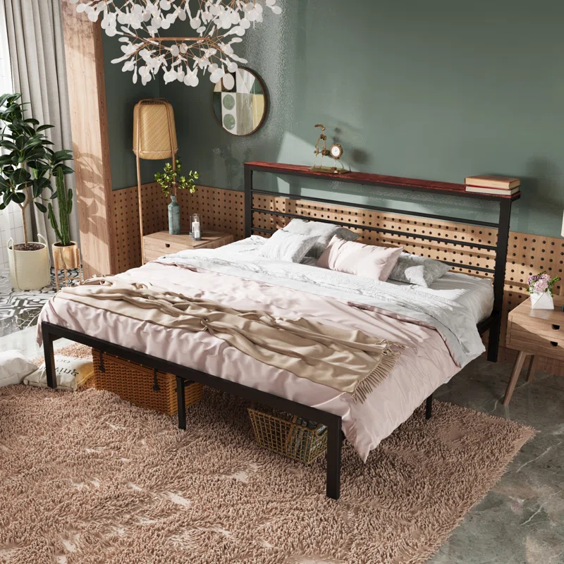 Azaruddin Metal Storage Platform Bed with Headboard Shelf