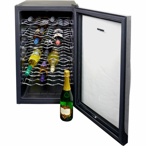 Blue Illuminated 28 Bottle Thermoelectric Wine Cooler, Black Refrigerator Cellar