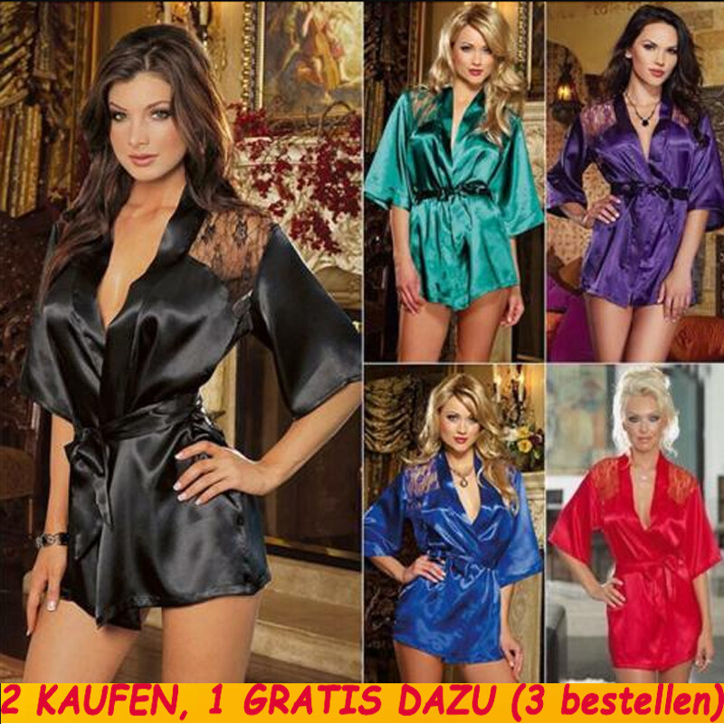 Damen Spitze Satin Kimono Morgenmantel Bademantel Sexy Tanga Nachtwäsche Sets