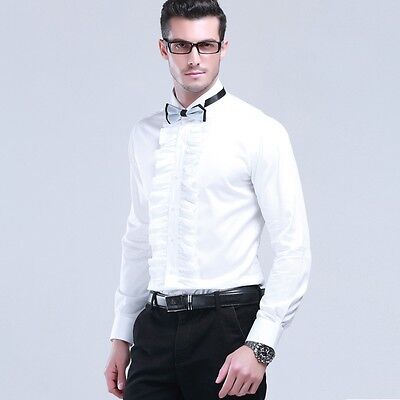 Mens Gents Cotton Ruffle Front Evening Shirt Wedding Top Wing Collar Ruched