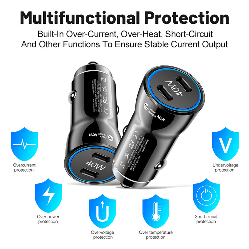 40W Dual Type-C Fast Car Charger &Type-C Cable For Samsung Galaxy S24 S23 Ultra