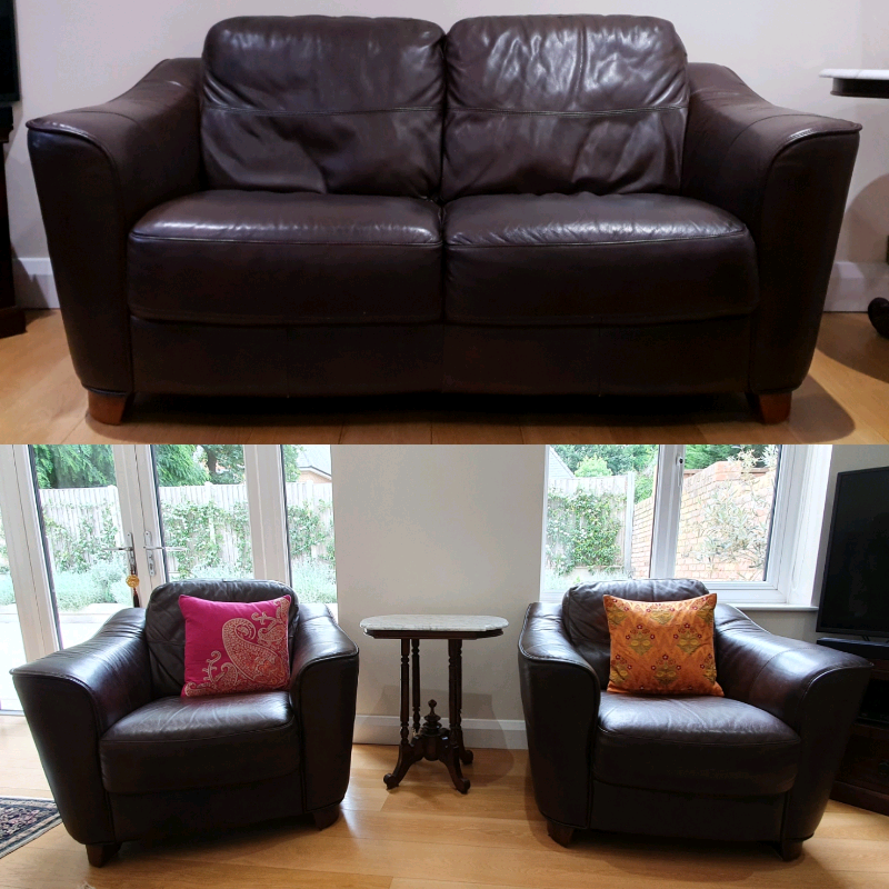 John Lewis Darwin Brown Leather Sofa & Chair Set | in Kingston, London