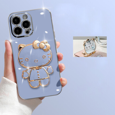 For iPhone 16 Pro Max 15 14 13 Mini 12 11 Cartoon Hello Kitty Stand Mirror Case