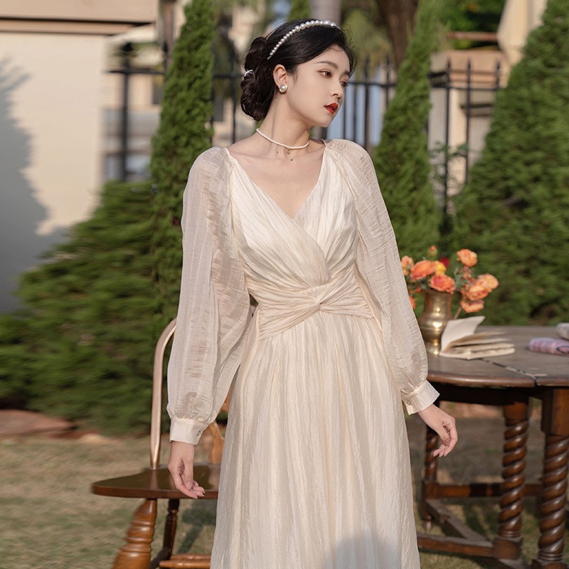 Women's French Hepburn Chiffon Dress V-Neck Lantern Sleeve High Waist Maxi Oatme