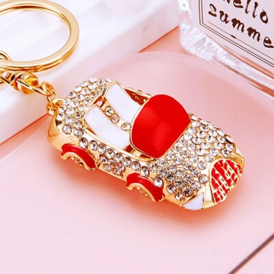 Convertible Car Bright Red Rhinestone Inlay Ladies Metal Pendant Keychain