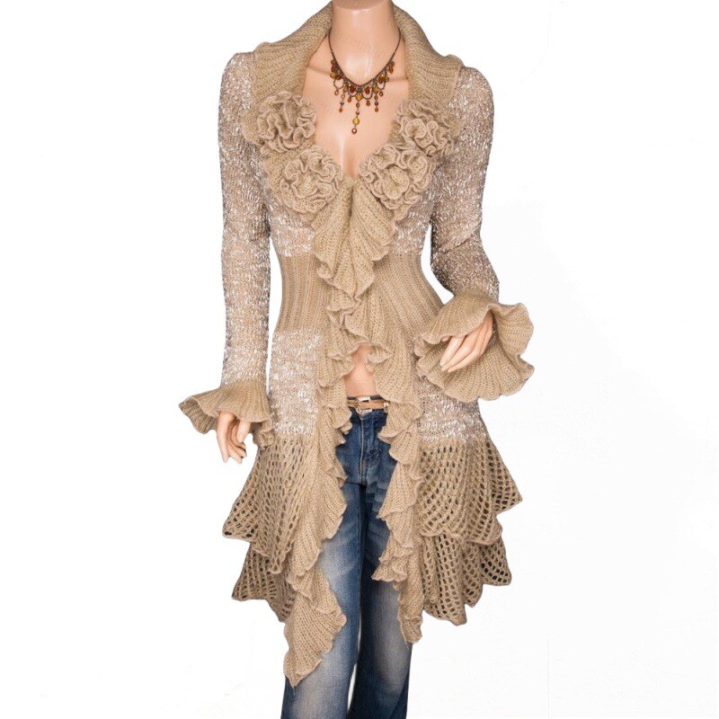 Lady Rose Flower Sweater Knitted Coat Long Jacket Cardigan Ruffle Jumper Fashion