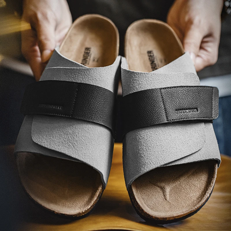 Cow Suede Mules Men'S Summer Cork Slide-On Sandals with Hook and Loop Closure