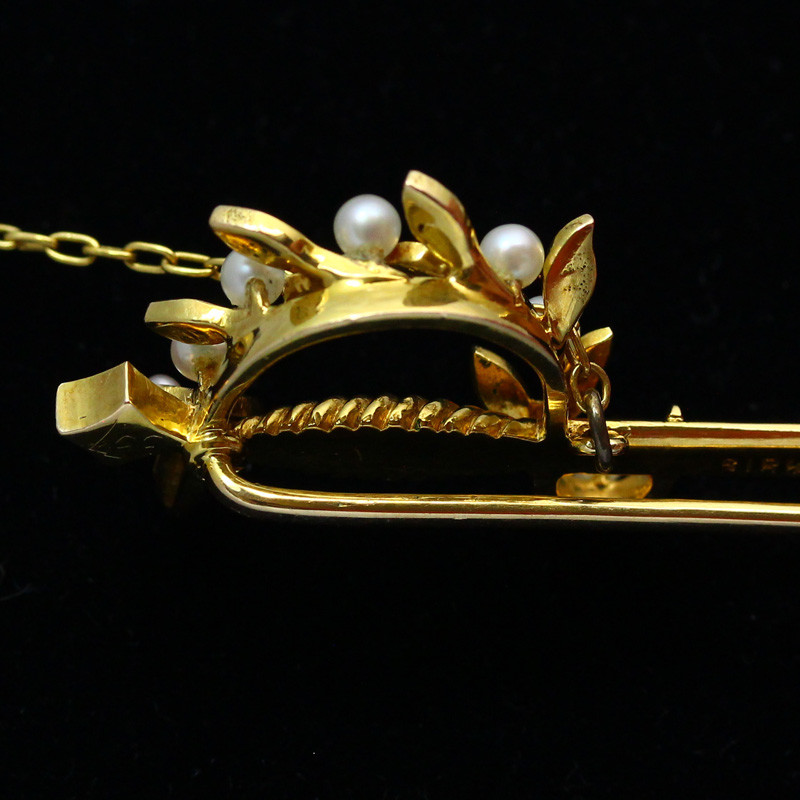 Antique ca 1900 18K Yellow Gold & Seed Pearl Sword Style Kilt Pin by Birks