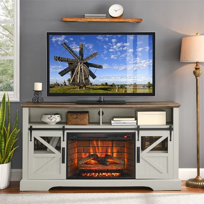 60 Inch Electric Fireplace Entertainment Center with Door Sensor Jasmine white