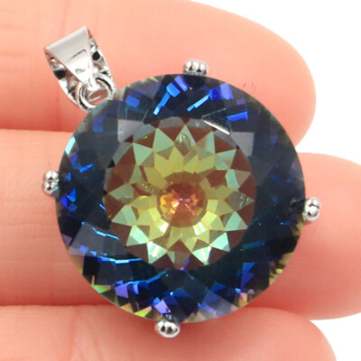 Buy 3 get 1 free Big Round 20mm Fire Rainbow Mystical Topaz Gift Silver Pendant
