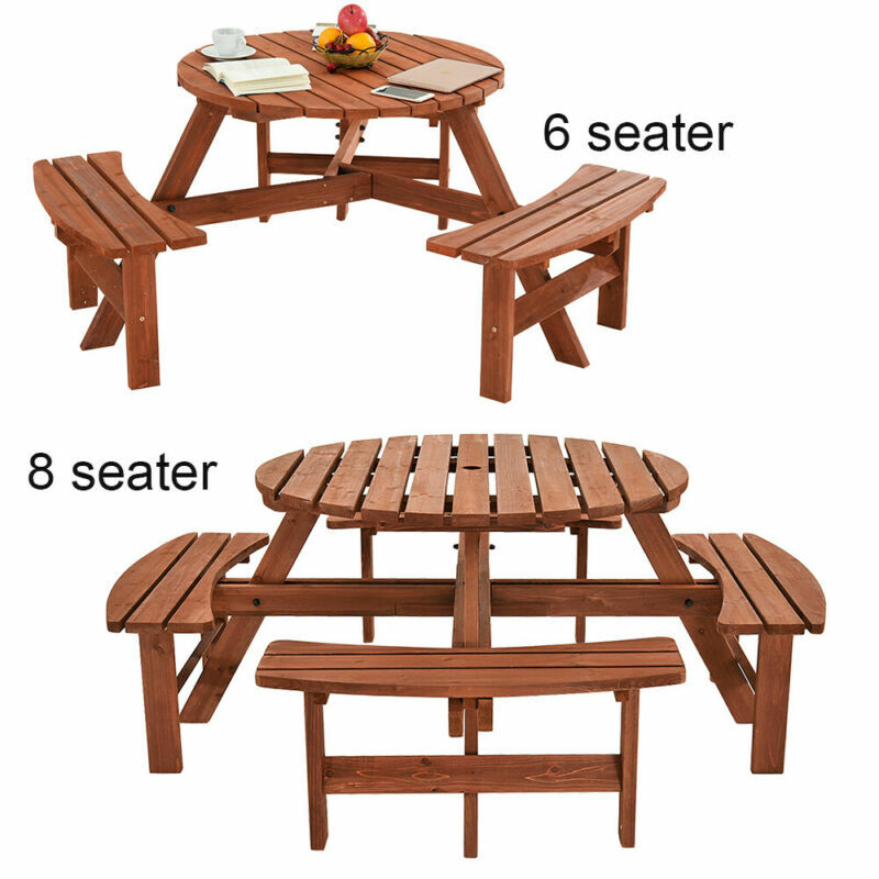 Large 6 8 Seater Round Wooden Bench Table Garden Patio Picnic