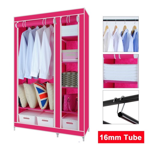 Pink Double Canvas Wardrobe Hanging Rail 5 Shelves Storage