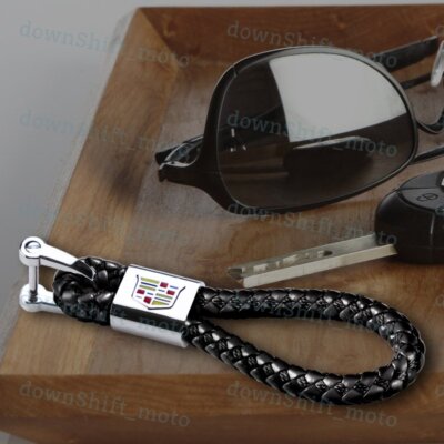 For CADILLAC Emblem Logo Key Chain Ring BV Style Leather Gift Decoration Black