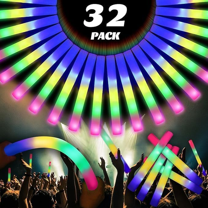 32 Pcs 16 inch 4 Color Foam Glow Sticks, foam glow sticks bulk with 3 Modes Colo