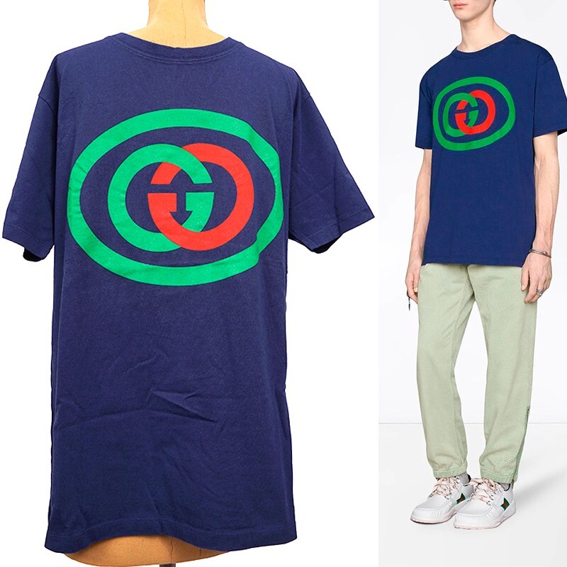 トップス 80s old GUCCI sz XS NEW $590 GUCCI MEN'S Blue Cotton 80'S VINTAGE GG LOGO