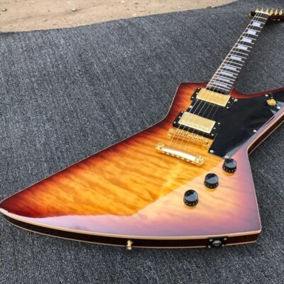 Custom Explorer Electric Guitar Sunburst Color Quilted Maple Top Gold Hardware