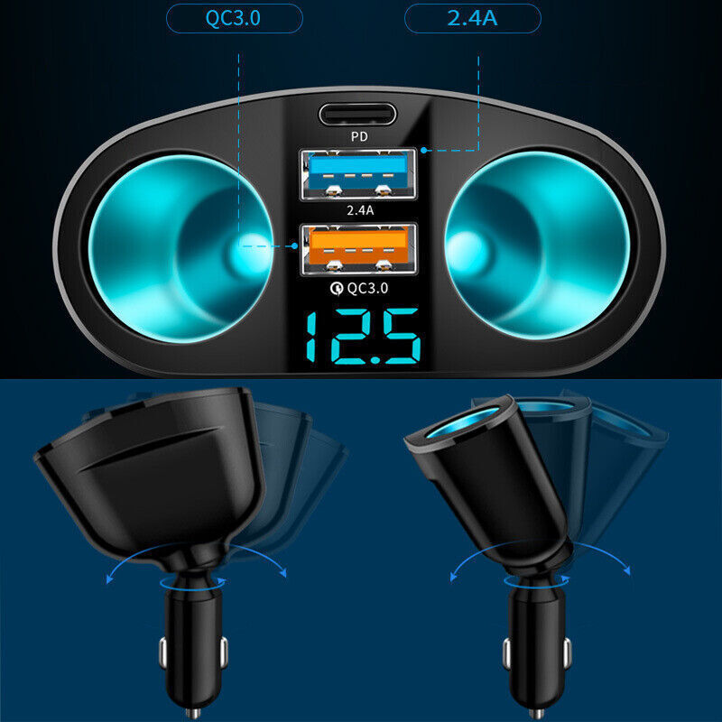 2Way 120W Car Cigarette Lighter Socket Splitter Dual USB PD Fast Charger Adapter