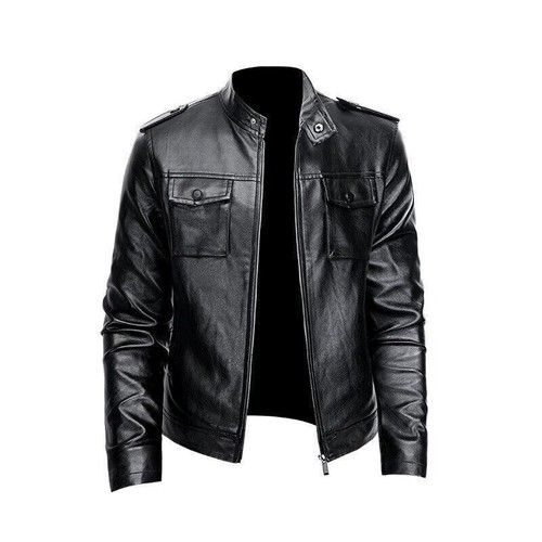 Mens Casual Stand Collar Leather Jacket Motorcycle Slim Fit