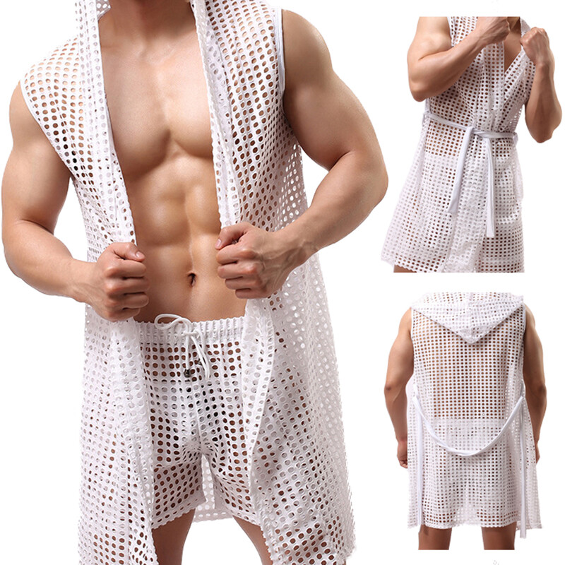 Men Sexy See-through Mesh Gown Hooded Bathrobe Kimono Loungewear Nightwear