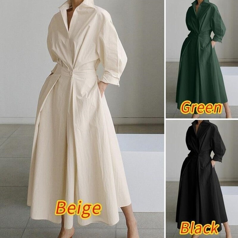 Women Cotton Dress Midi Long Sleeve Shirt Blouse V-neck Casual Swing Black