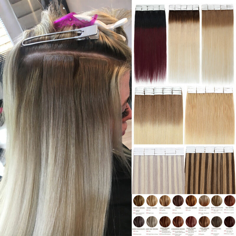 10-80PCS Invisible Tape In Skin Weft Remy Human Hair Extensions Full Head Ombre
