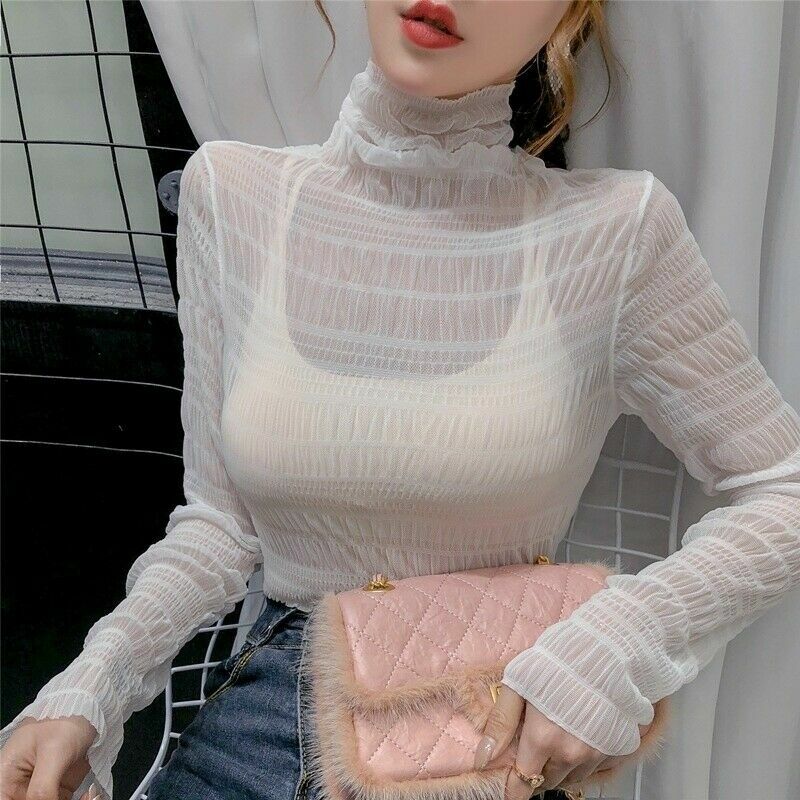 Women Pleated Lace Mesh Shirt Tops Pullover T-shirts Blouse Sheer Frill Slim