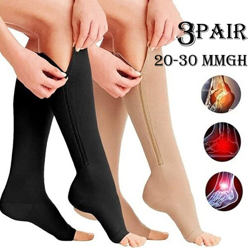3 Pair Zippered Compression Socks Open Toe 30-40mmHg with Zipper Safe Protection