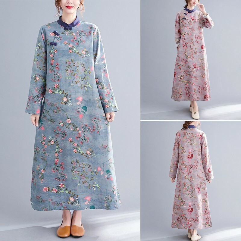 Lady Long Chongsam Dress Floral Frog Button Long Sleeve A-line Chinese Retro
