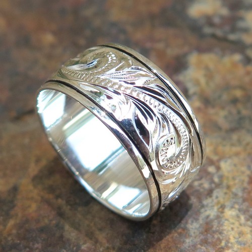 Hawaiian 925K Silver Scroll Black Border Jewelry Wedding Ring Band