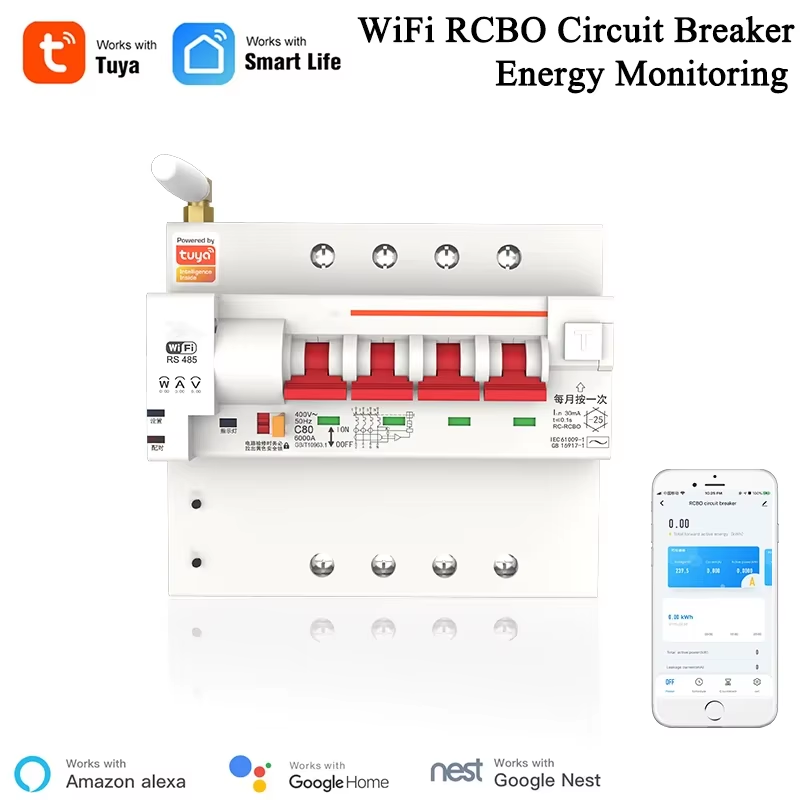 Tuya Smart Life APP RCBO Circuit Breaker with Power Monitoring 4P WiFi RCBO MCB