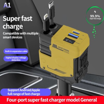 A1 Car Charger 66W 4in1 Type-C Apple Retractable Fast Charging Cable - Yellow